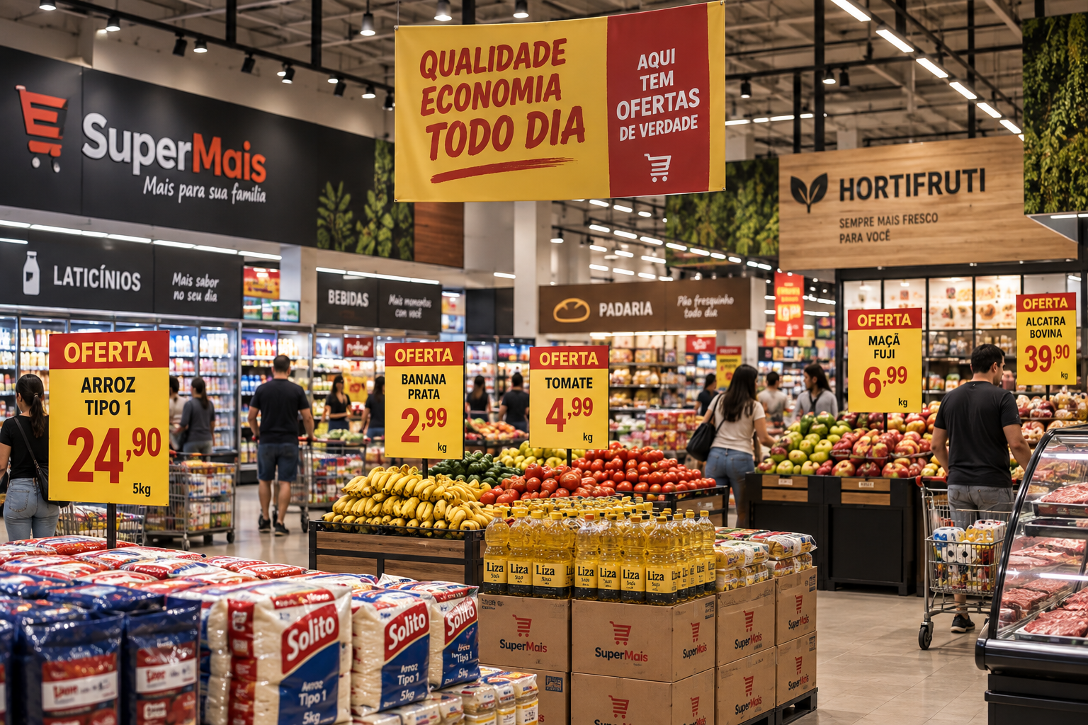 Varejista em supermercado com cartazes de ofertas e preços em destaque