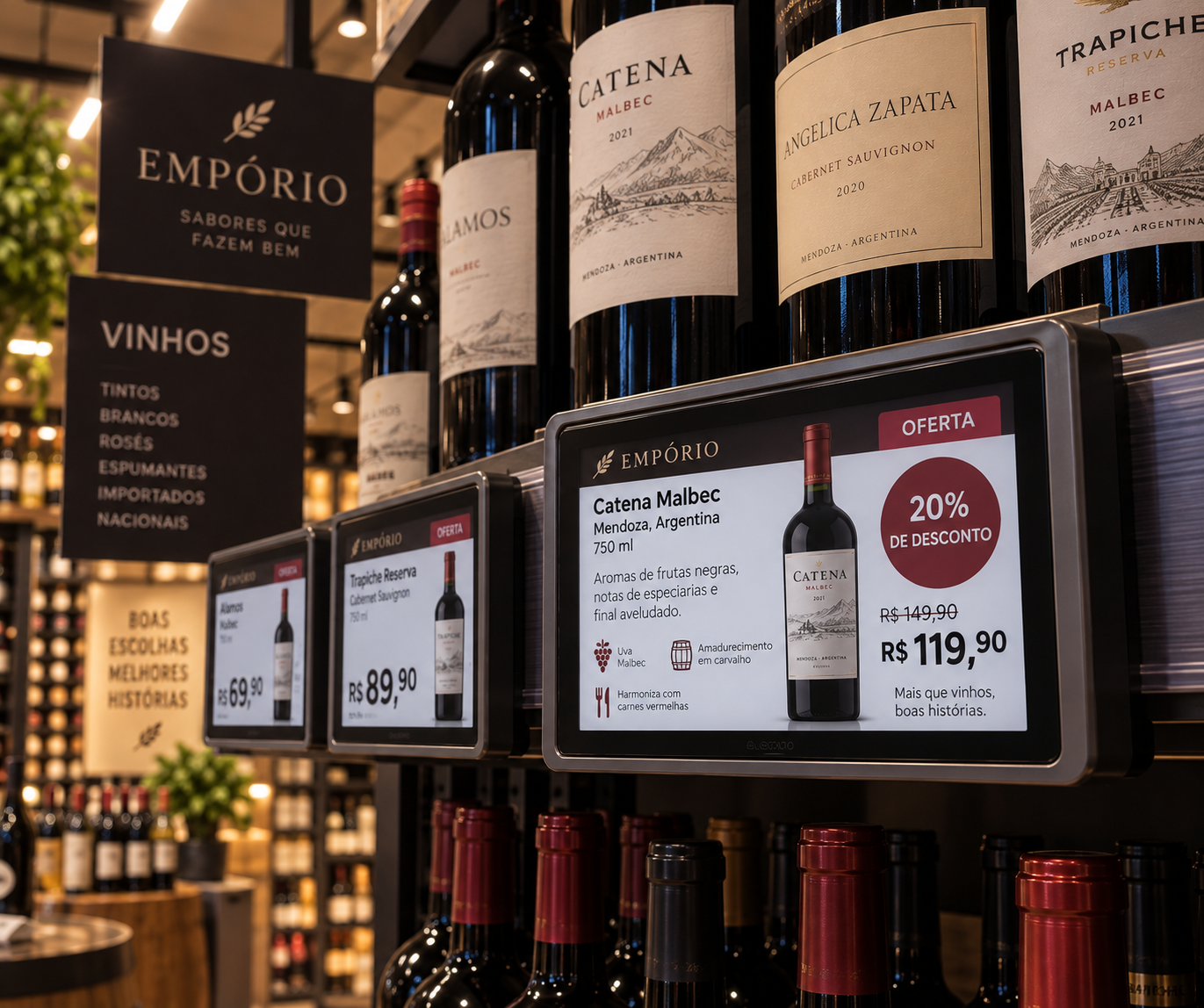 Etiquetas eletrônicas (ESL) em gôndola de vinhos exibindo ofertas e preços atualizados pelo Tagsell